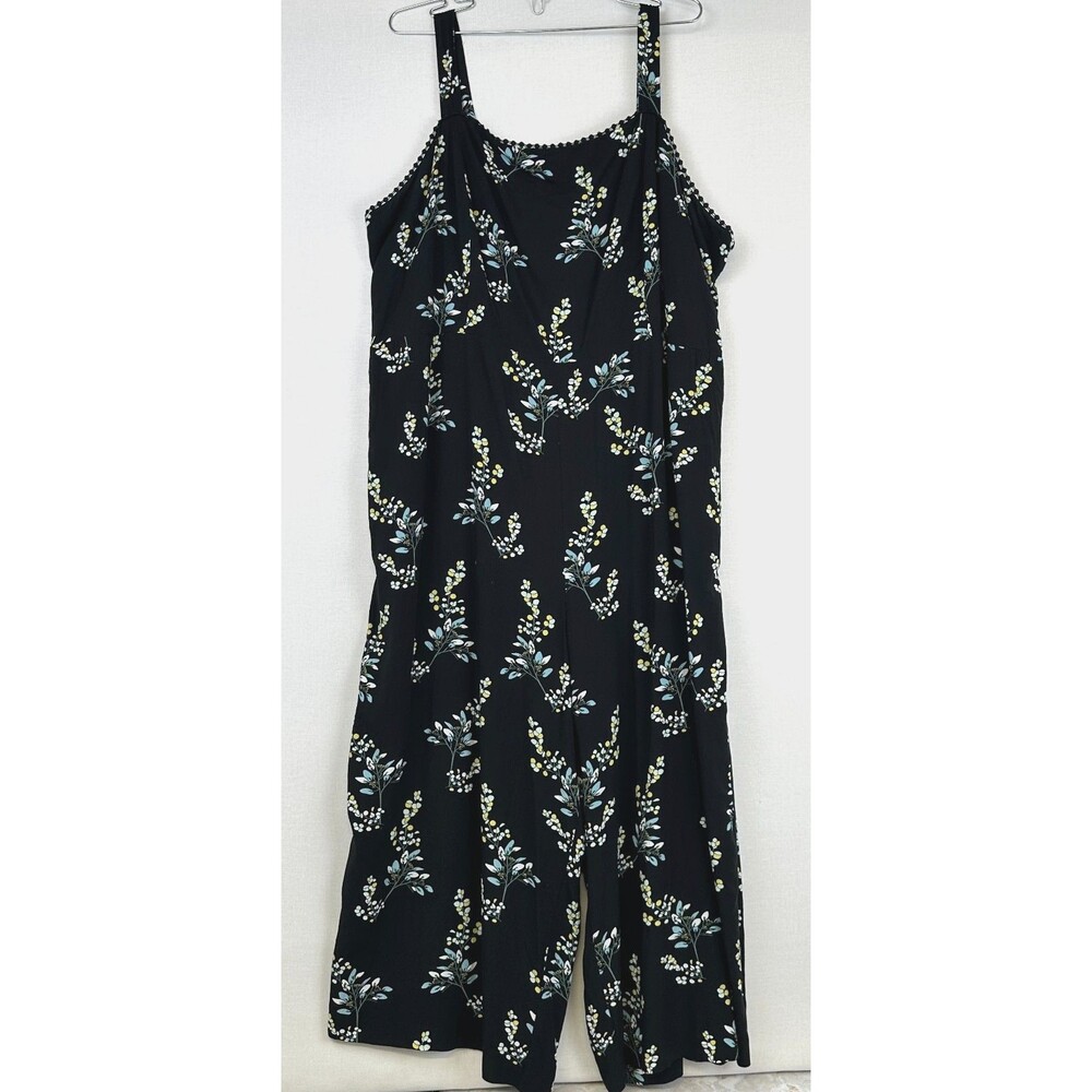 Loft Plus Smocked Floral Wide Leg‎ Jumpsuit Black Womens Size 22
